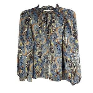 Sunny Leigh Blue Print Peasant Top Sz LARGE Tie Neck Ruffle Collar Puff Sleeves
